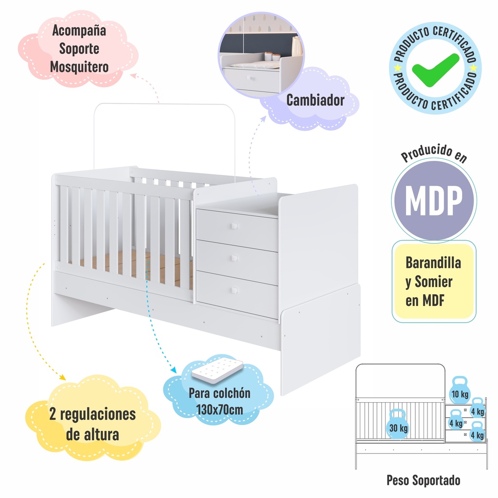 Cama cuna multifuncional c/colchón cuna + colchón 1 plaza